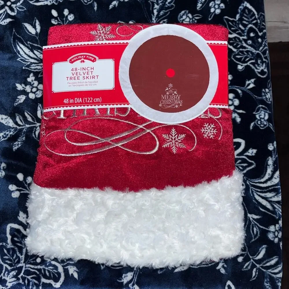 NEW! Holiday Time Burgundy Velvet Merry Christmas Tree Skirt, 48